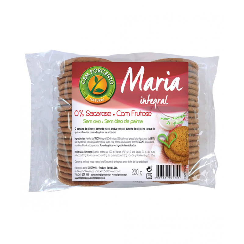BOLACHA MARIA INTEGRAL 220 G CEM PORCENTO
