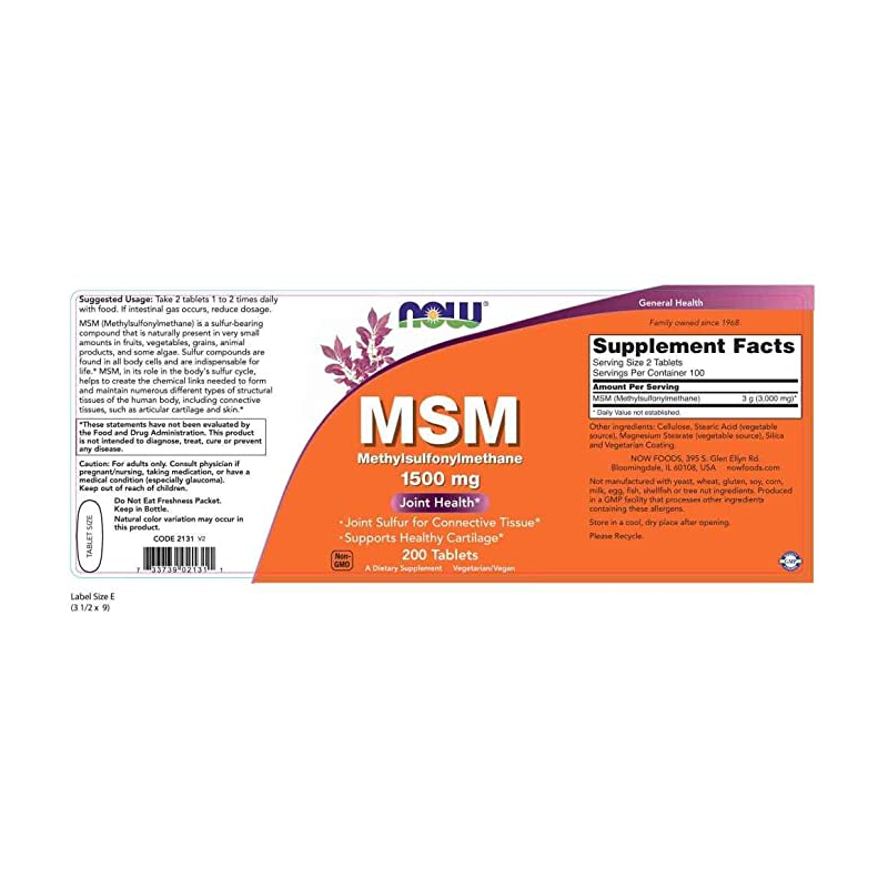 M S M 1500 MG 200 COMPRIMIDOS NOW MSM
